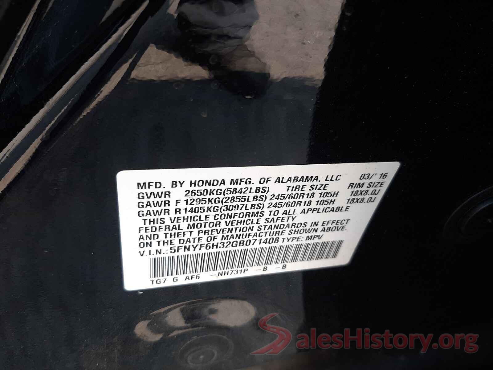 5FNYF6H32GB071408 2016 HONDA PILOT