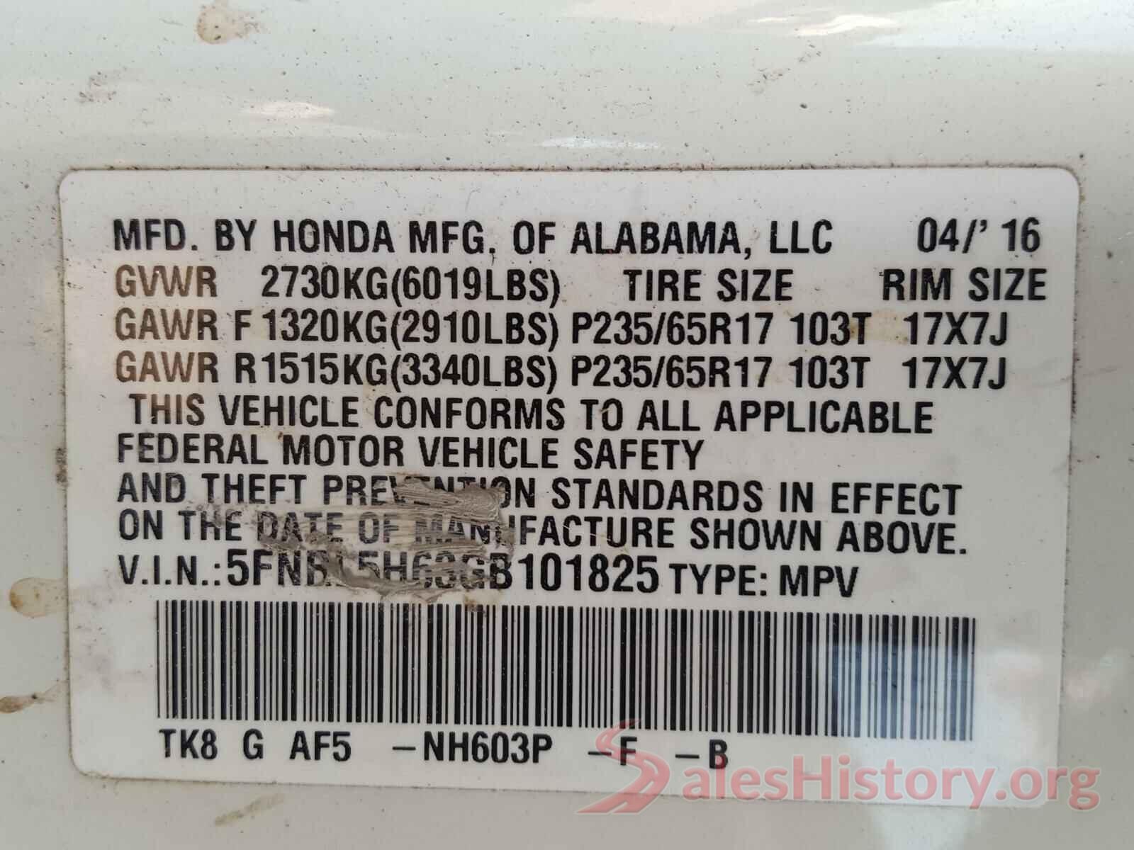 5FNRL5H63GB101825 2016 HONDA ODYSSEY