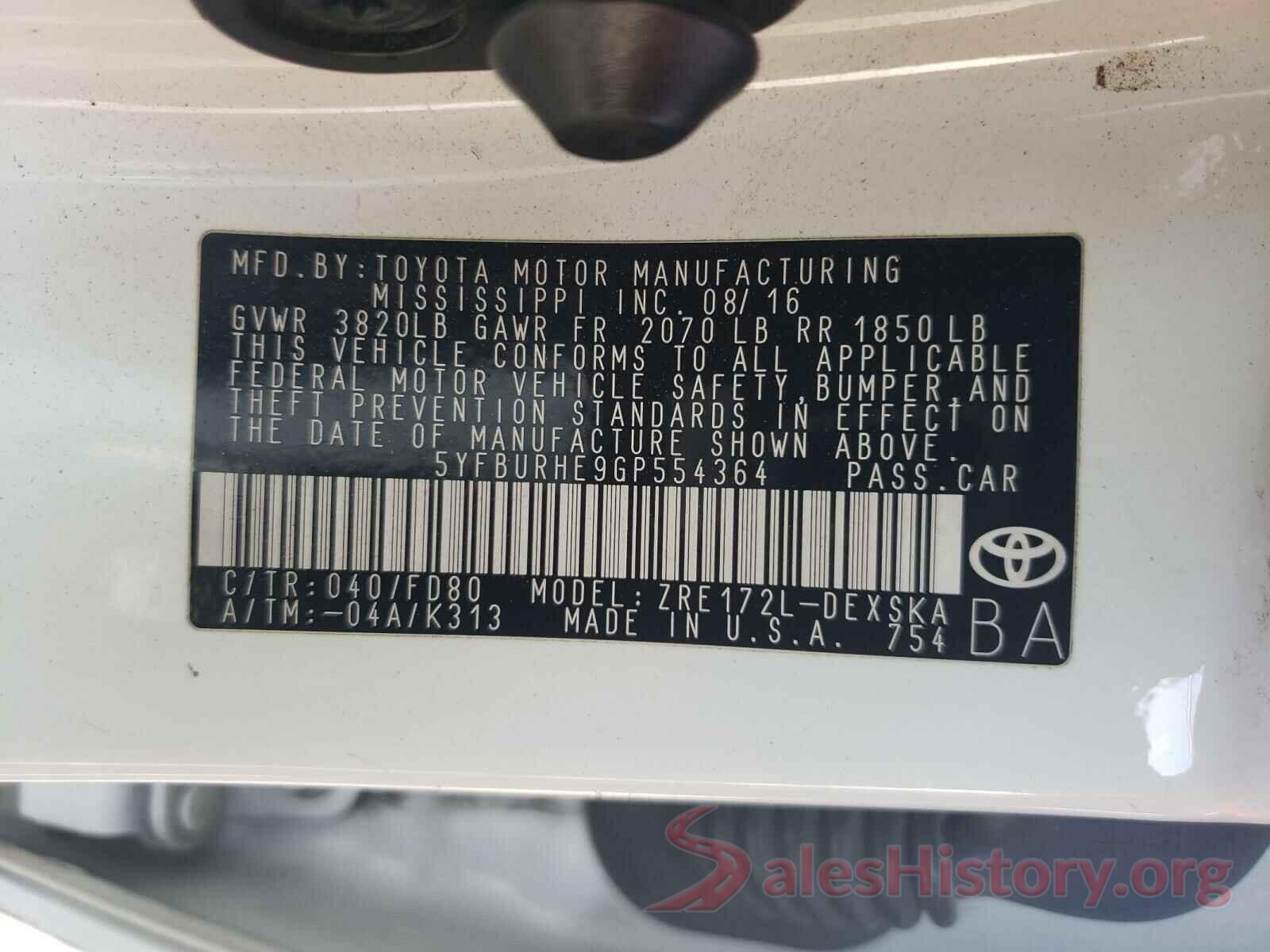 5YFBURHE9GP554364 2016 TOYOTA COROLLA