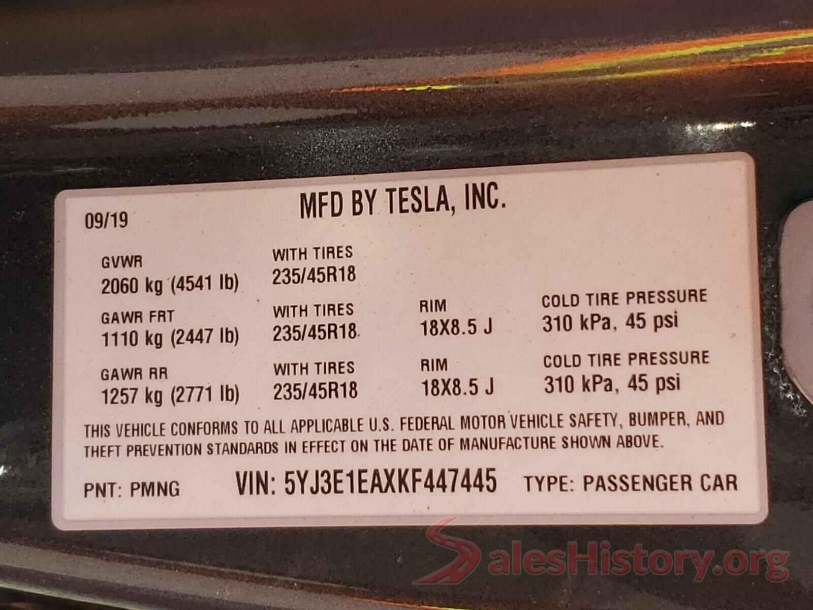 5YJ3E1EAXKF447445 2019 TESLA MODEL 3