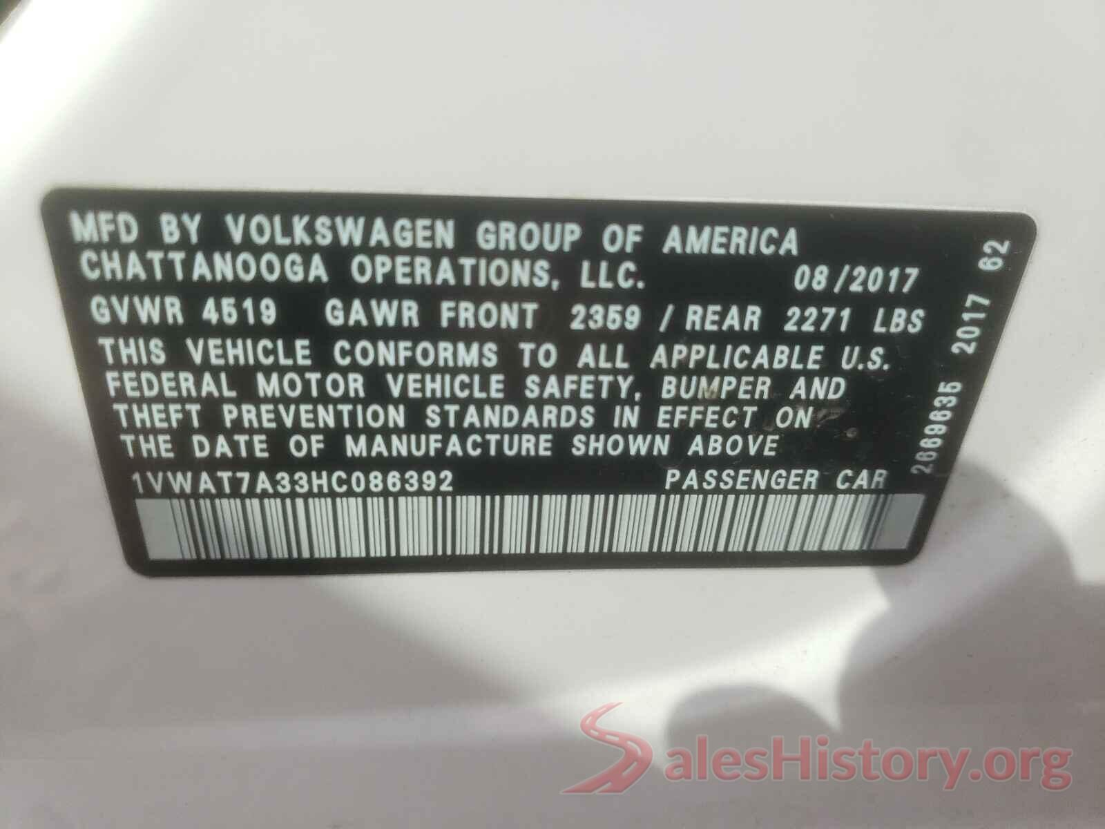 1VWAT7A33HC086392 2017 VOLKSWAGEN PASSAT