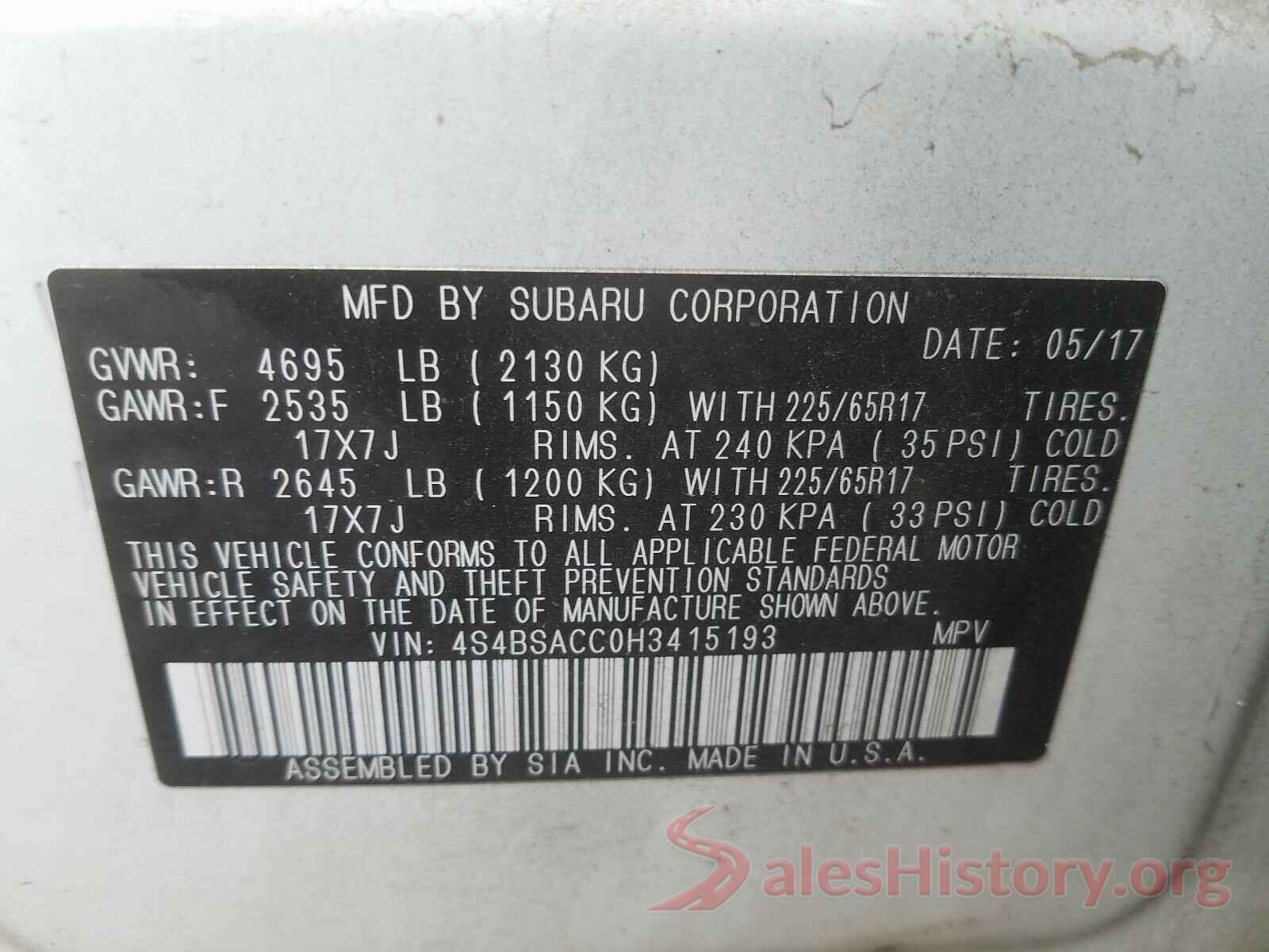 4S4BSACC0H3415193 2017 SUBARU OUTBACK