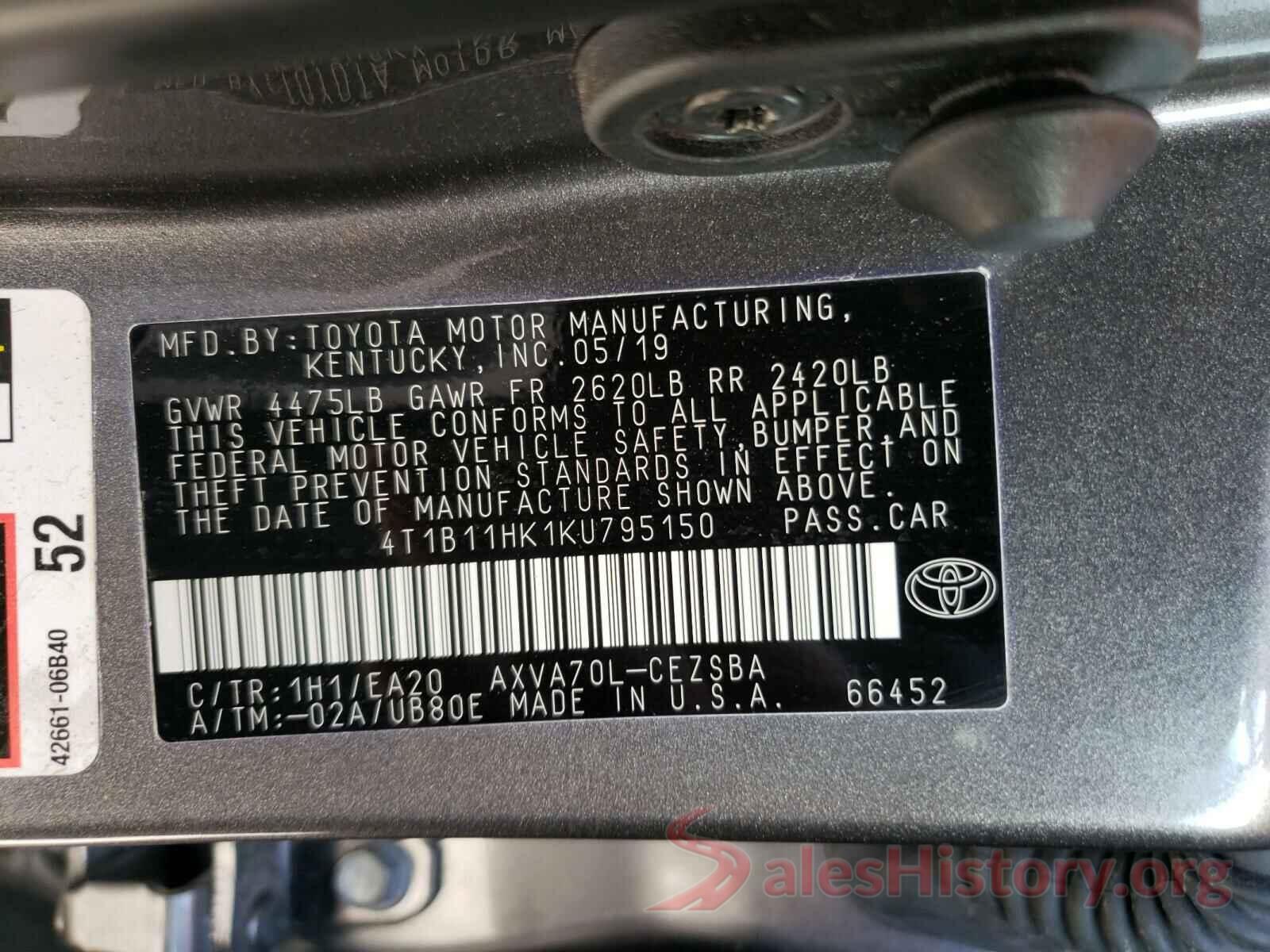 4T1B11HK1KU795150 2019 TOYOTA CAMRY