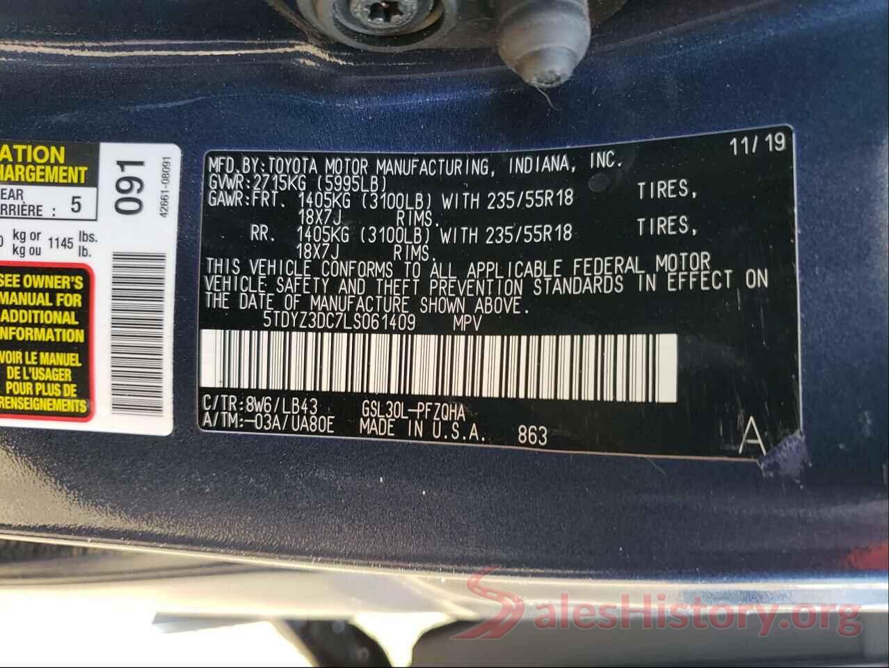 5TDYZ3DC7LS061409 2020 TOYOTA SIENNA