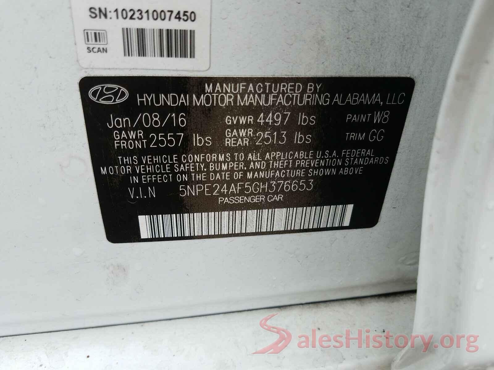 5NPE24AF5GH376653 2016 HYUNDAI SONATA