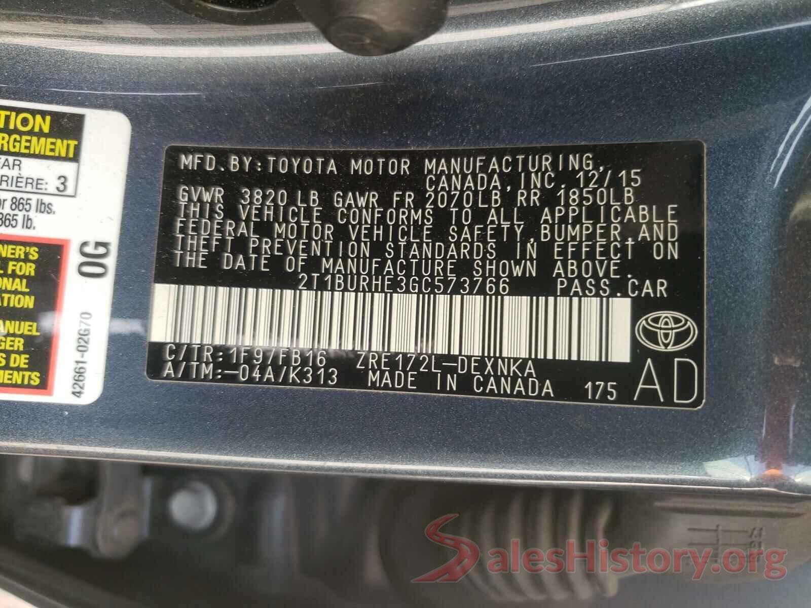 2T1BURHE3GC573766 2016 TOYOTA COROLLA