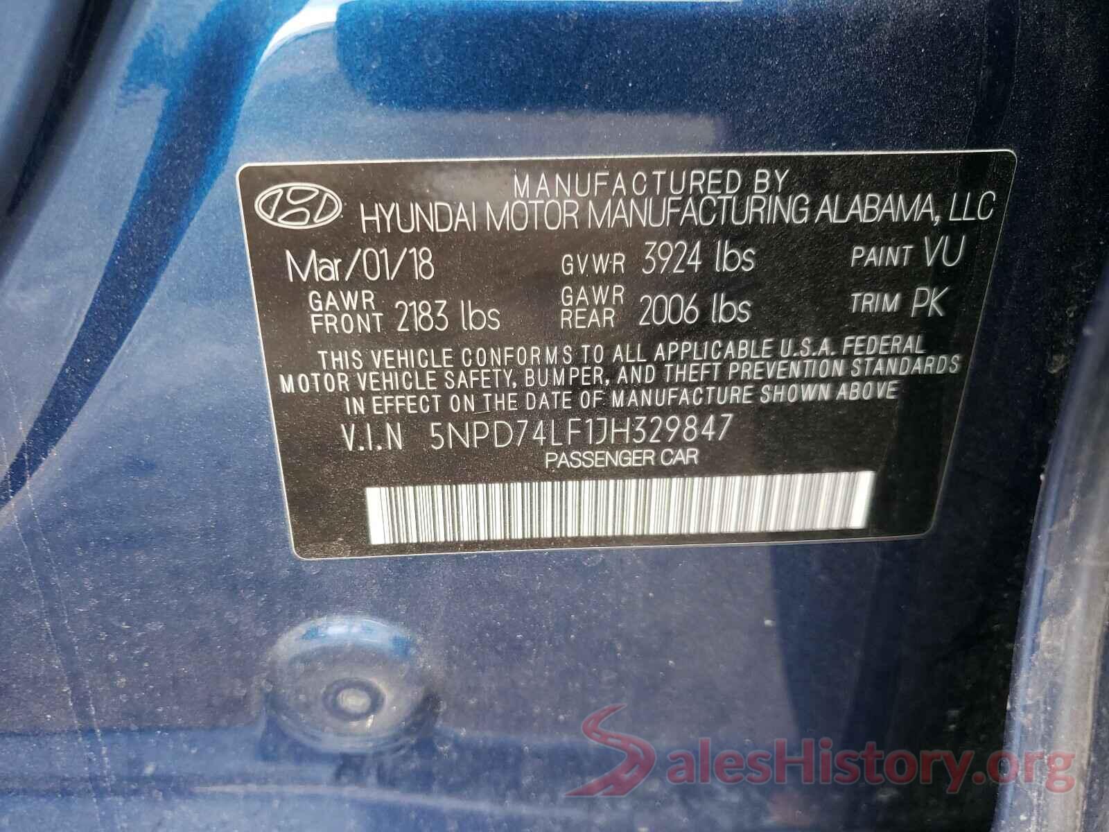 5NPD74LF1JH329847 2018 HYUNDAI ELANTRA