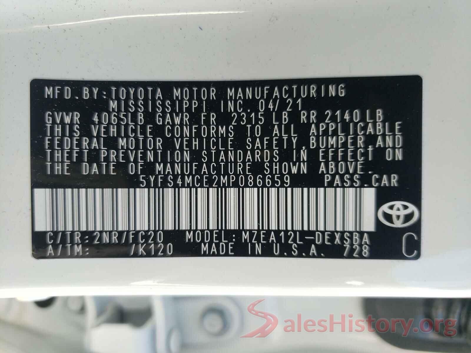 5YFS4MCE2MP086659 2021 TOYOTA COROLLA