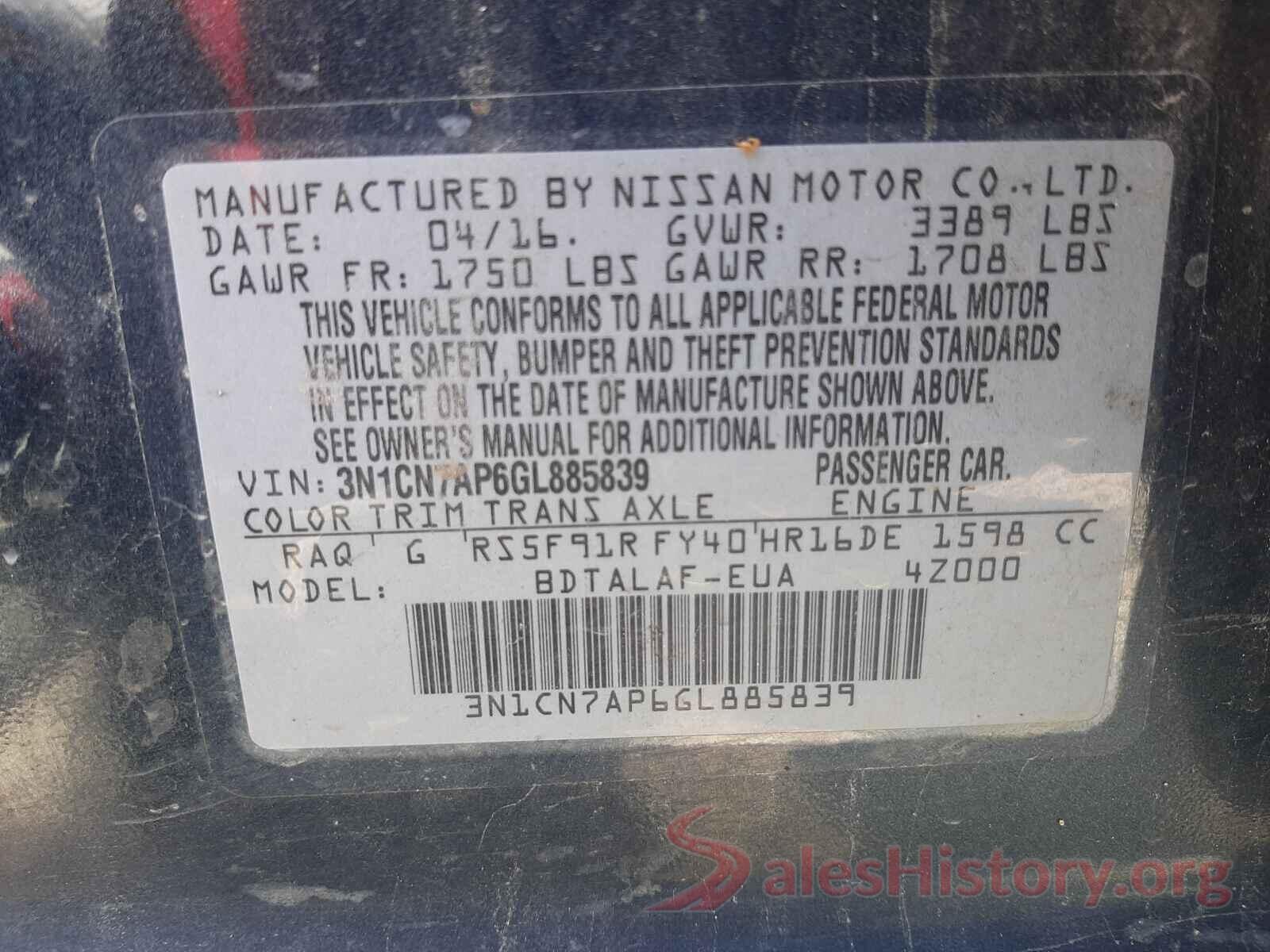 3N1CN7AP6GL885839 2016 NISSAN VERSA