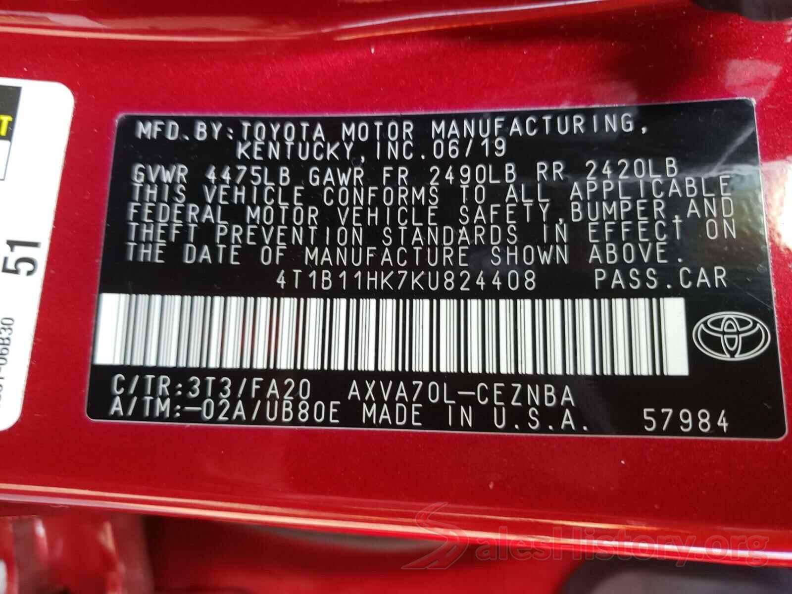 4T1B11HK7KU824408 2019 TOYOTA CAMRY