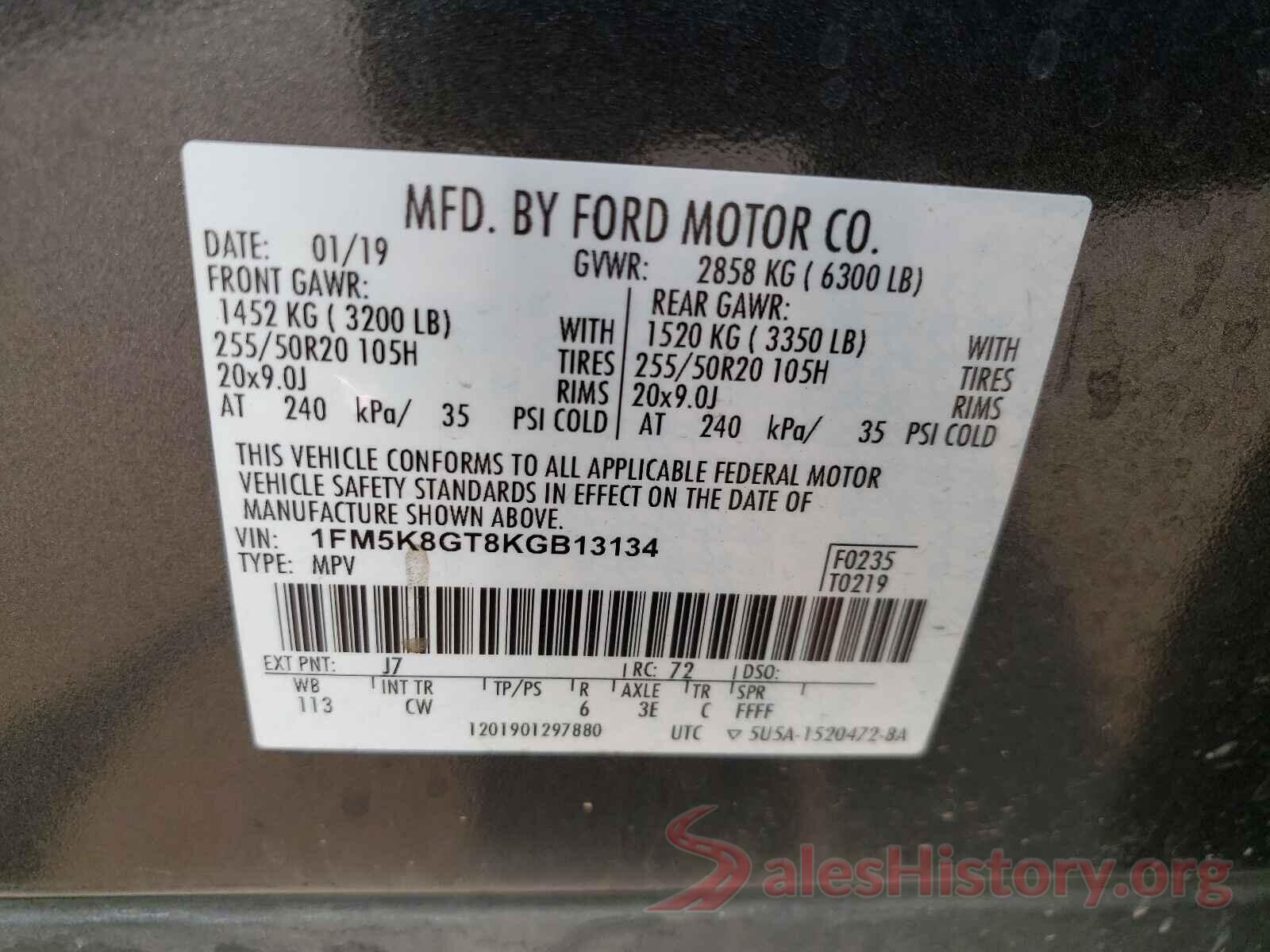 1FM5K8GT8KGB13134 2019 FORD EXPLORER