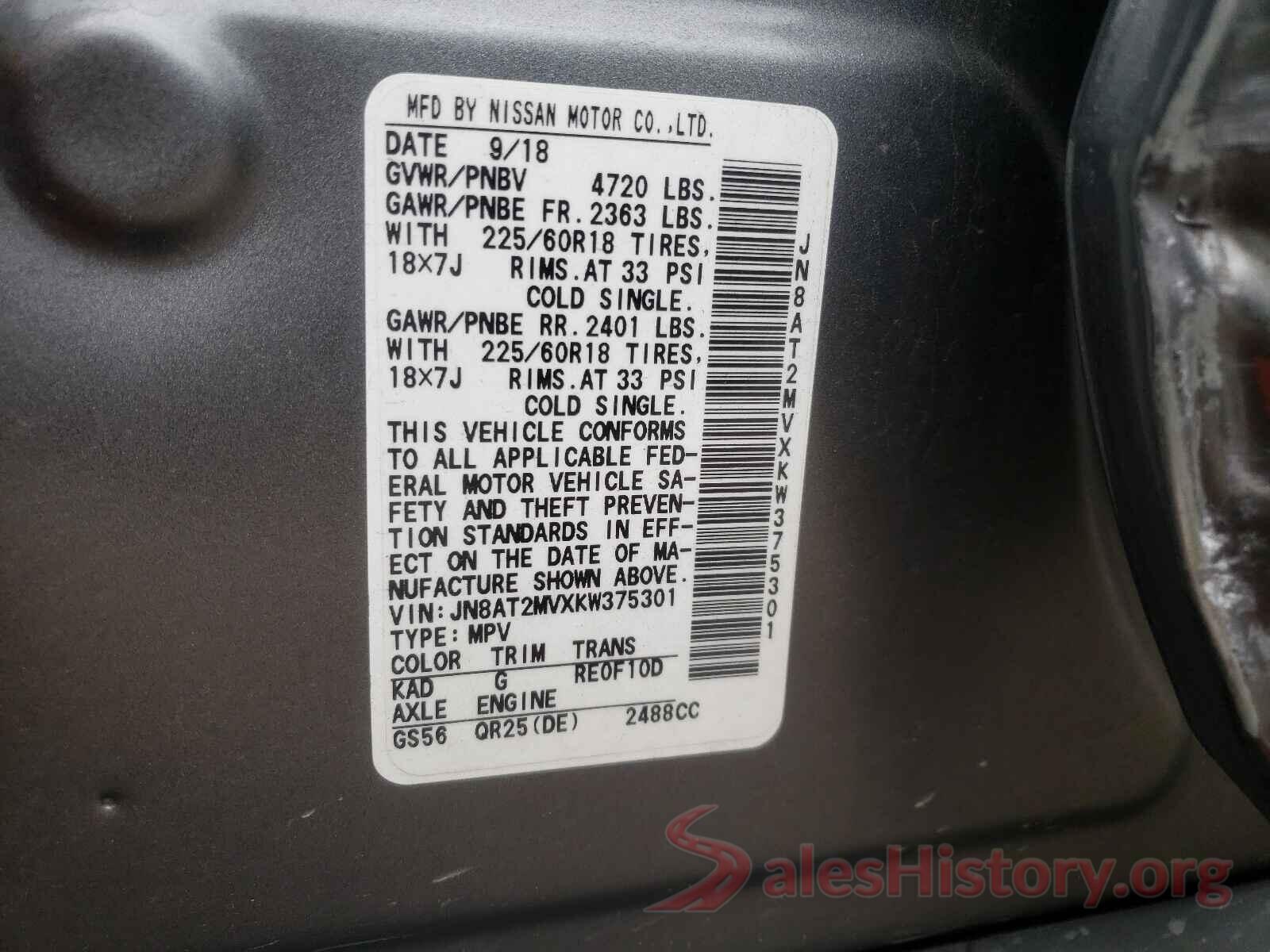 JN8AT2MVXKW375301 2019 NISSAN ROGUE