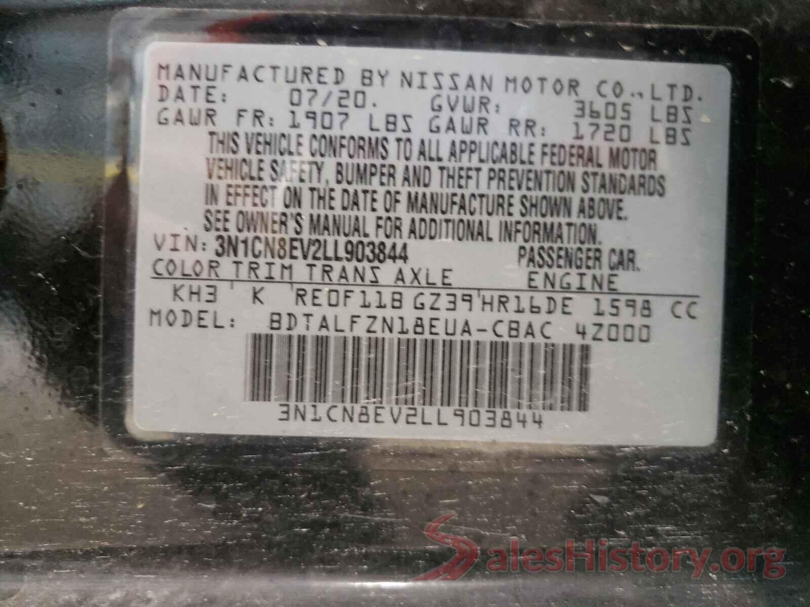 3N1CN8EV2LL903844 2020 NISSAN VERSA