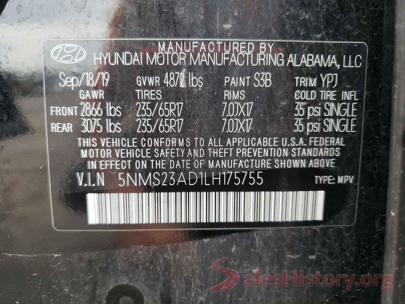 5NMS23AD1LH175755 2020 HYUNDAI SANTA FE