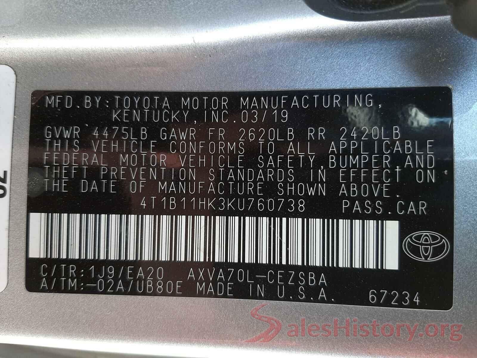 4T1B11HK3KU760738 2019 TOYOTA CAMRY