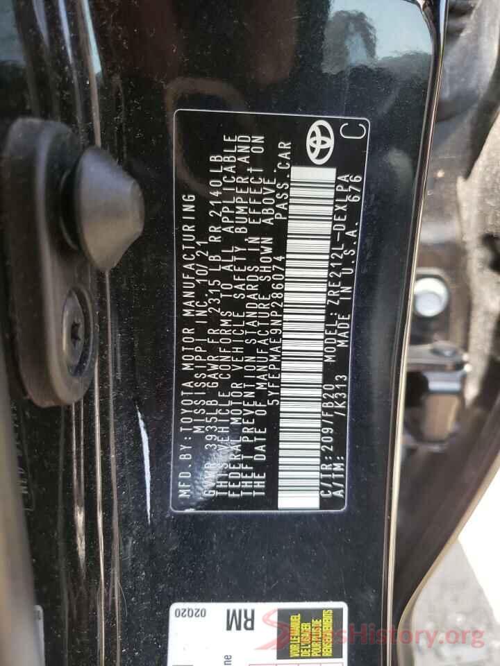 5YFEPMAE9NP286074 2022 TOYOTA COROLLA