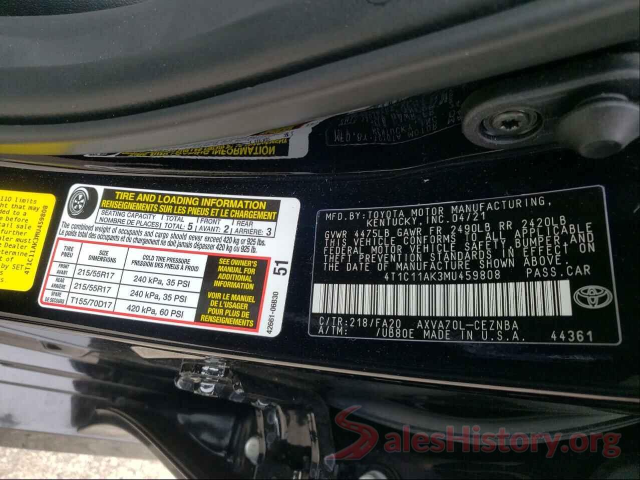 4T1C11AK3MU459808 2021 TOYOTA CAMRY