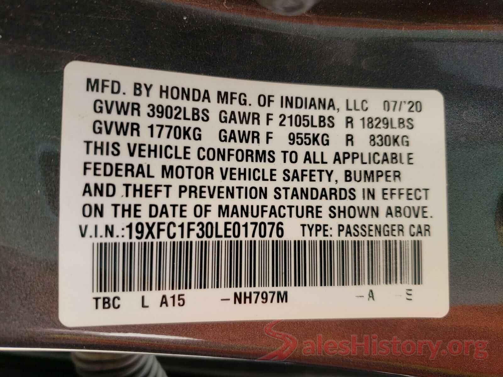 19XFC1F30LE017076 2020 HONDA CIVIC