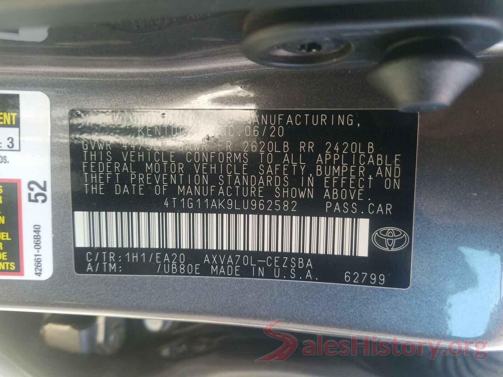 4T1G11AK9LU962582 2020 TOYOTA CAMRY