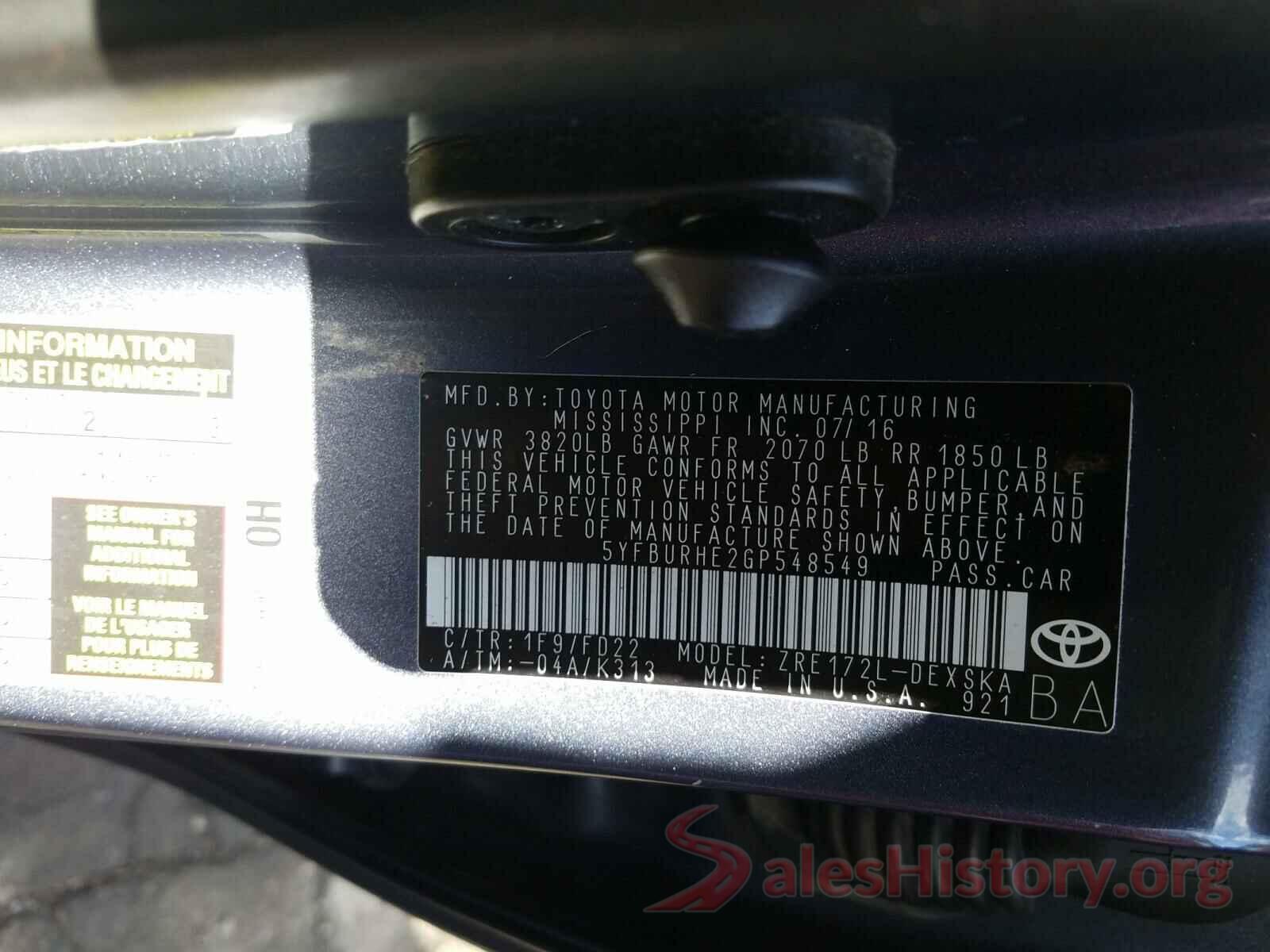 5YFBURHE2GP548549 2016 TOYOTA COROLLA