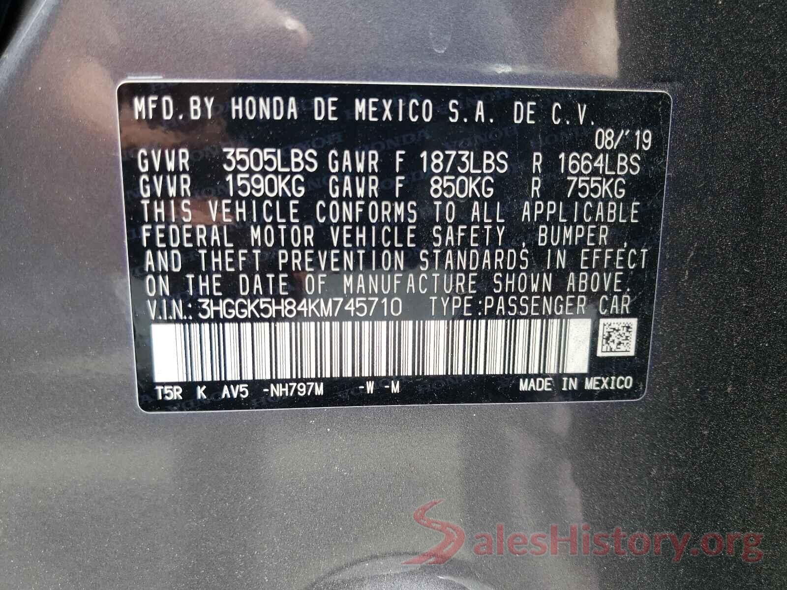 3HGGK5H84KM745710 2019 HONDA FIT