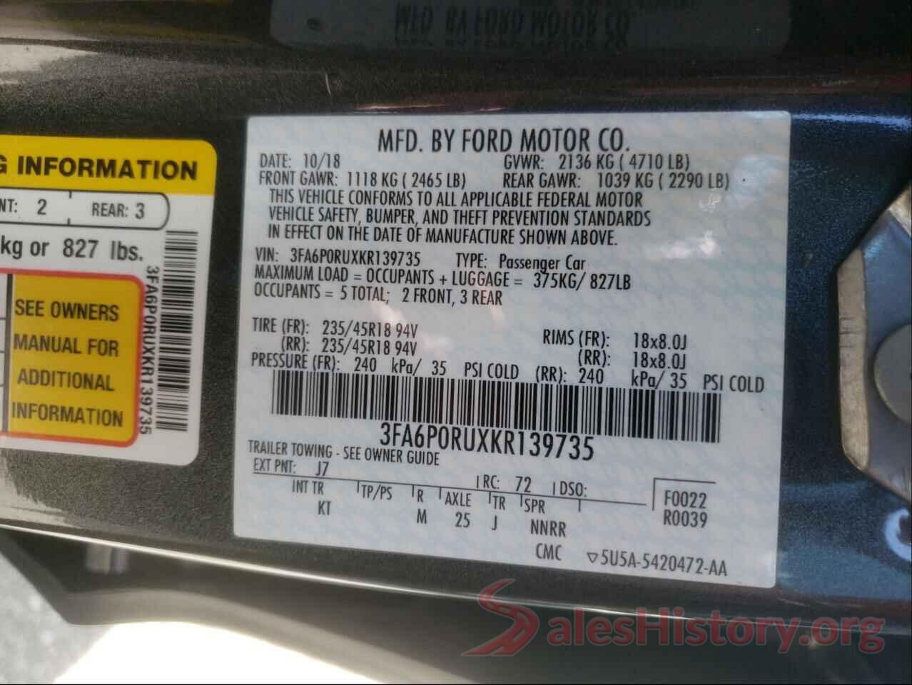 3FA6P0RUXKR139735 2019 FORD FUSION