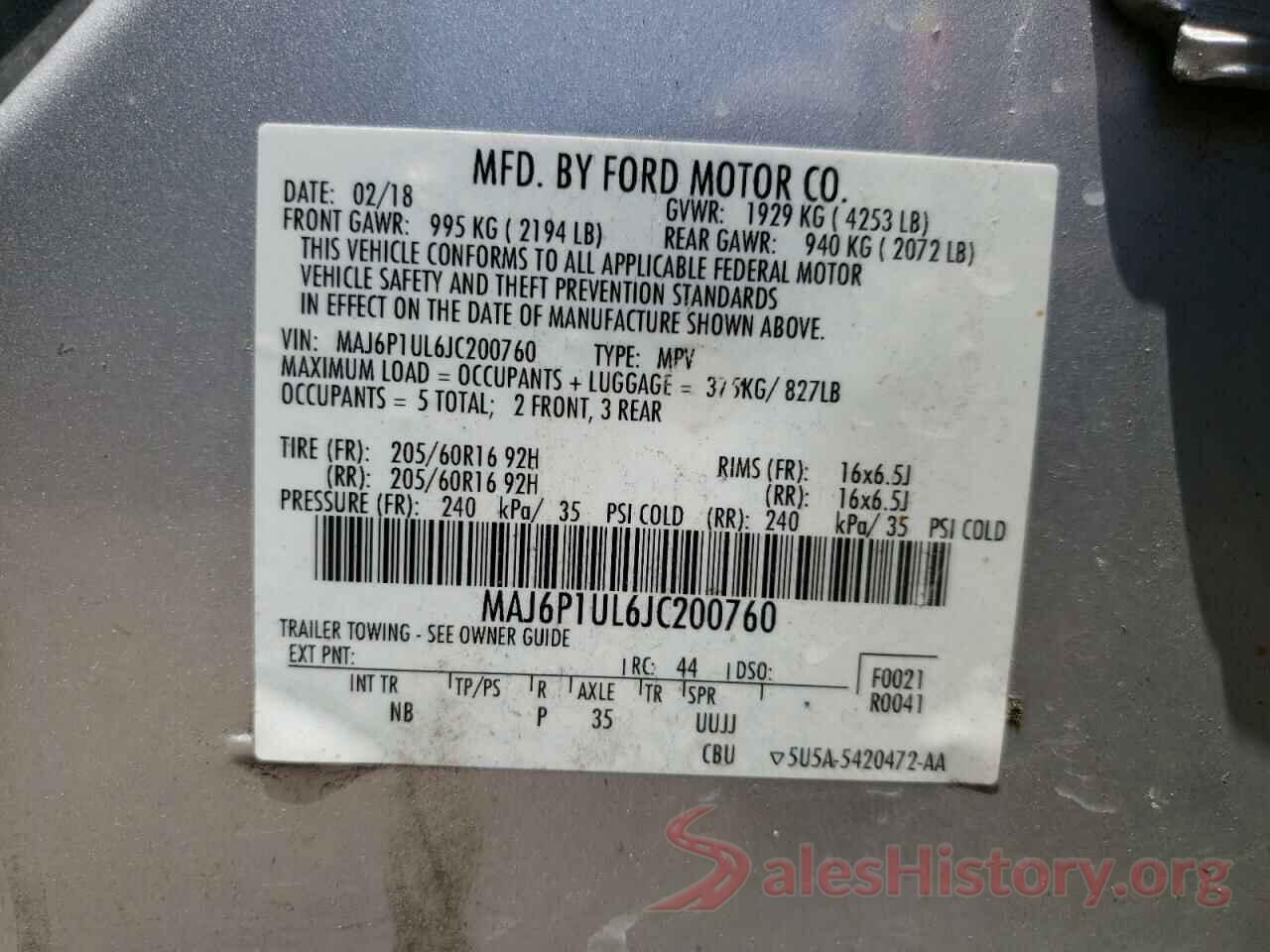 MAJ6P1UL6JC200760 2018 FORD ECOSPORT