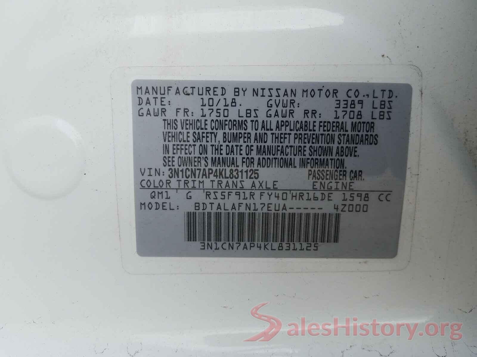 3N1CN7AP4KL831125 2019 NISSAN VERSA