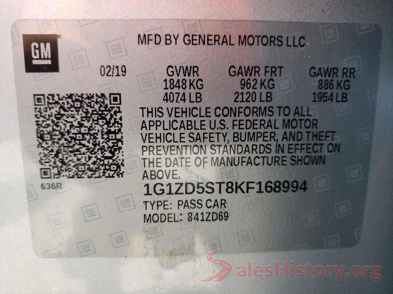 1G1ZD5ST8KF168994 2019 CHEVROLET MALIBU