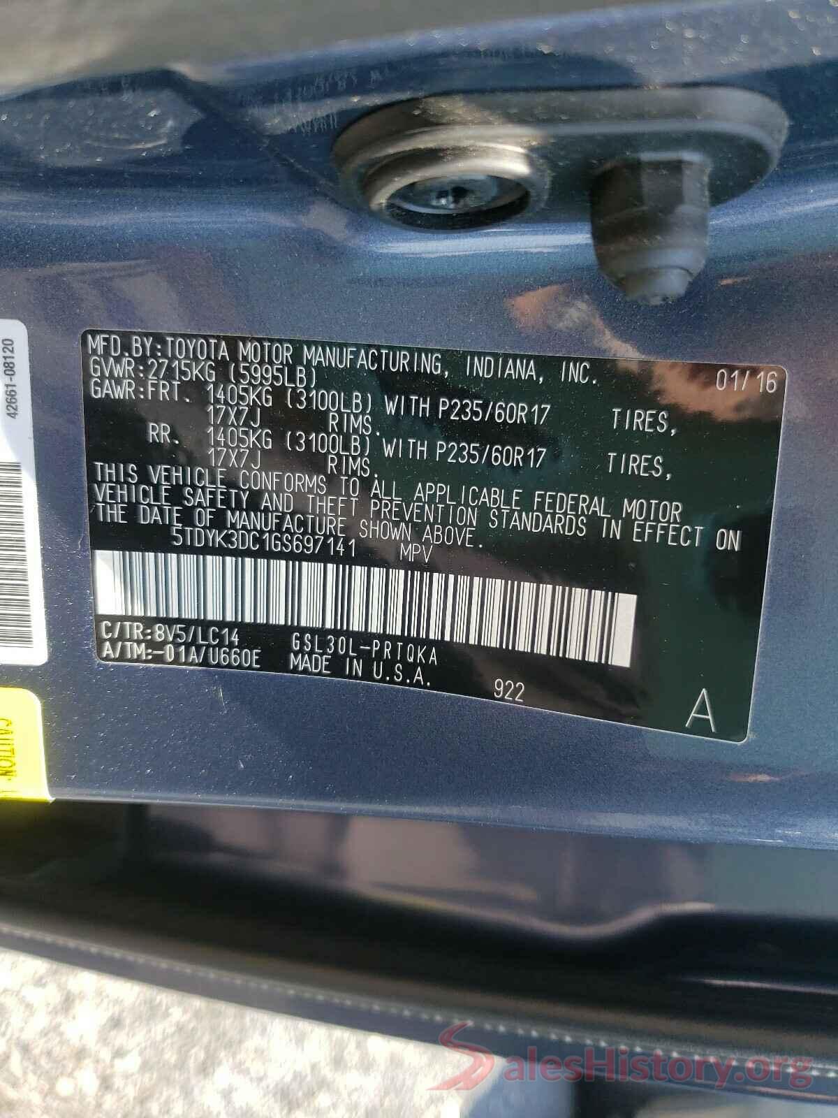 5TDYK3DC1GS697141 2016 TOYOTA SIENNA