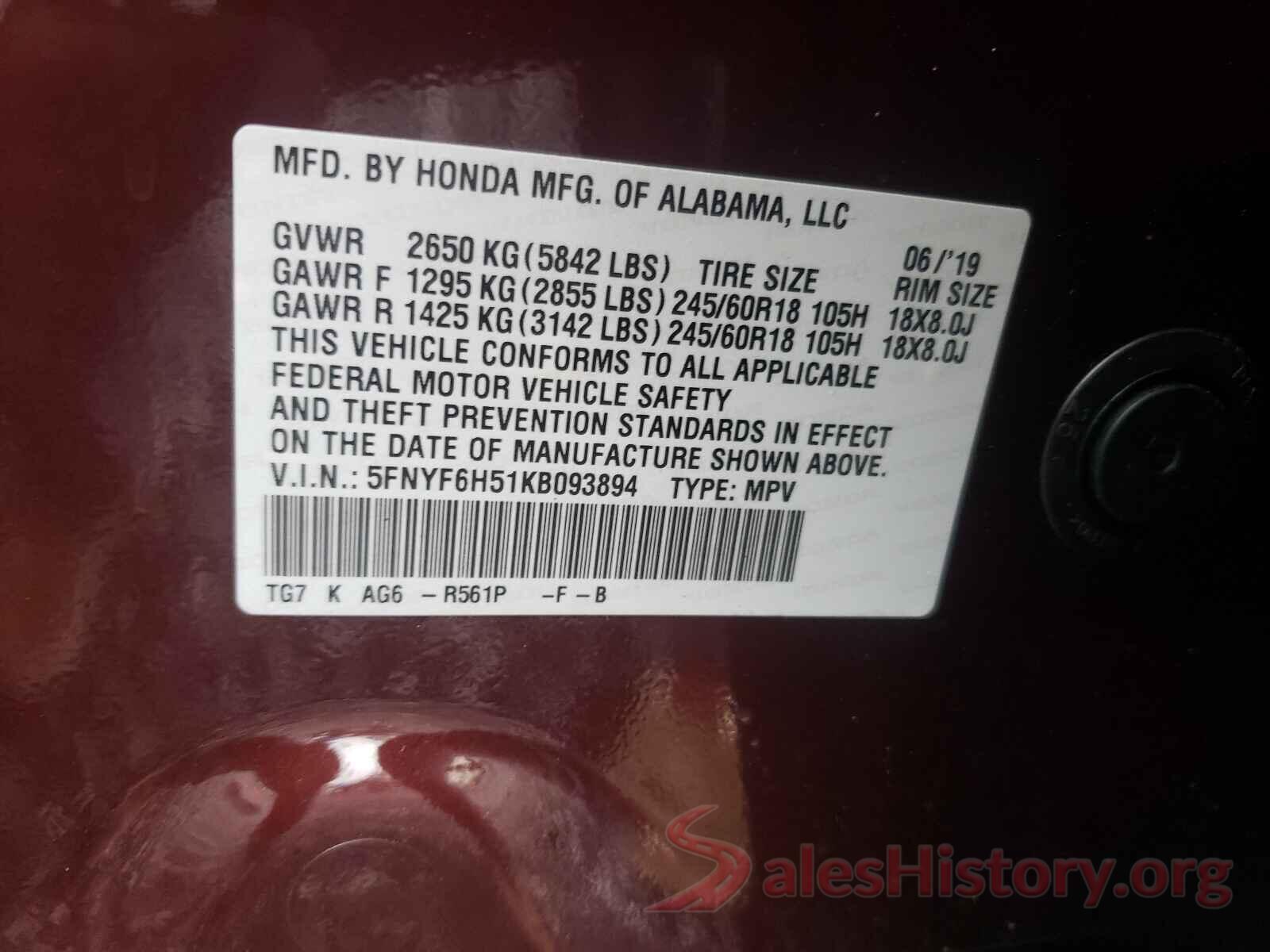 5FNYF6H51KB093894 2019 HONDA PILOT