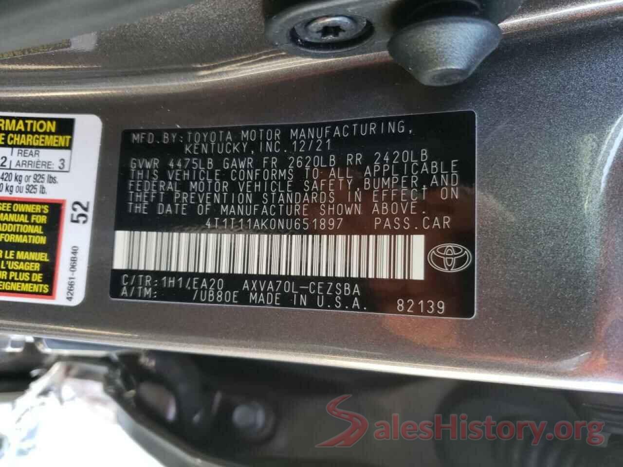 4T1T11AK0NU651897 2022 TOYOTA CAMRY