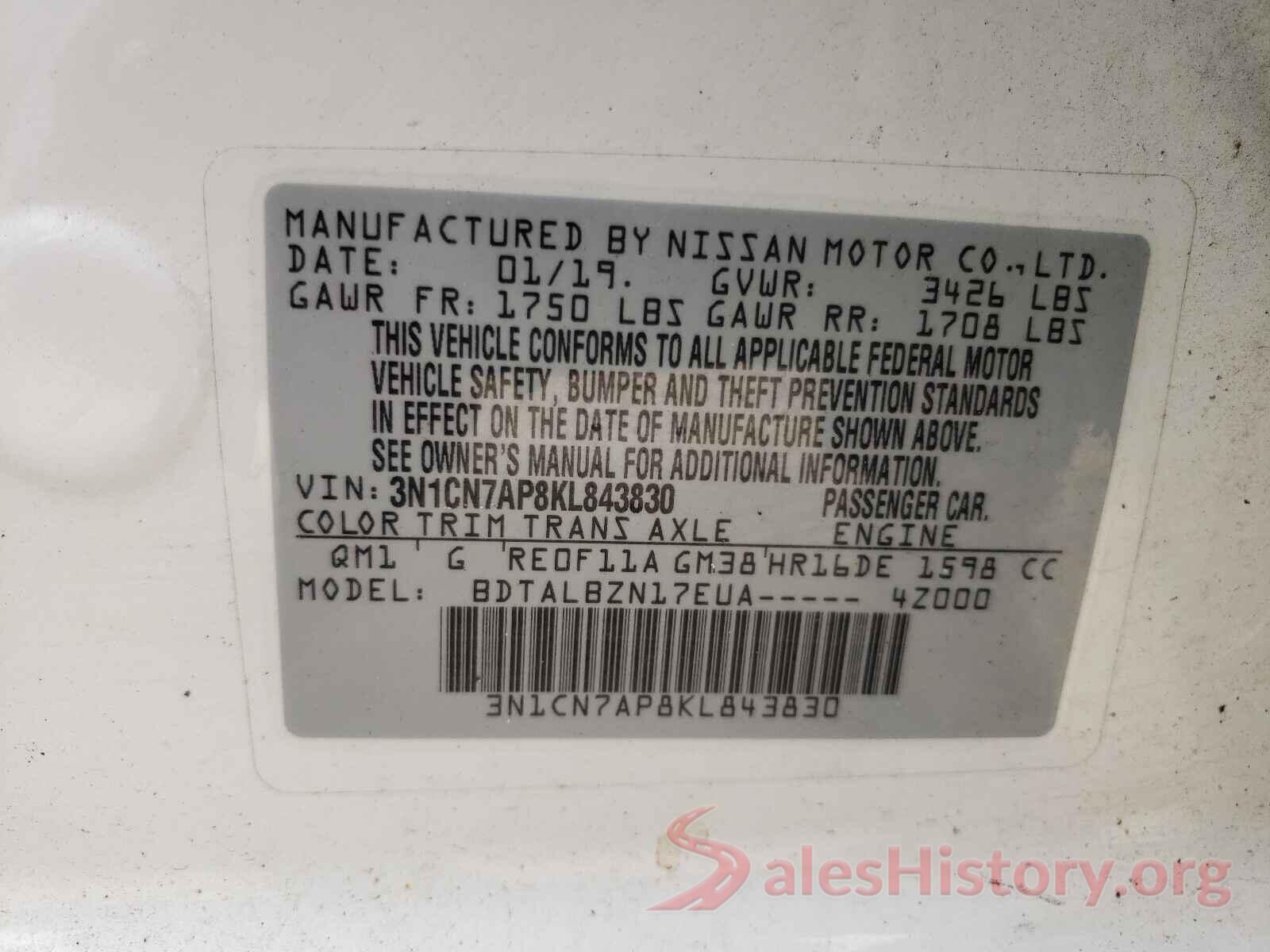 3N1CN7AP8KL843830 2019 NISSAN VERSA