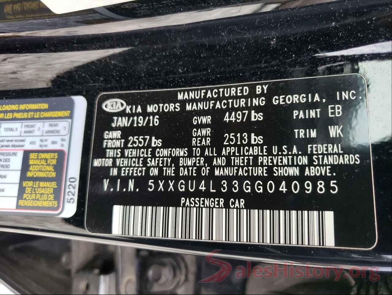 5XXGU4L33GG040985 2016 KIA OPTIMA