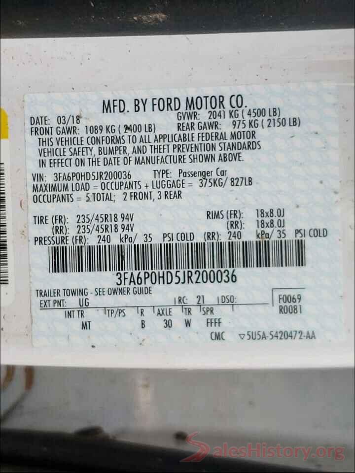 3FA6P0HD5JR200036 2018 FORD FUSION