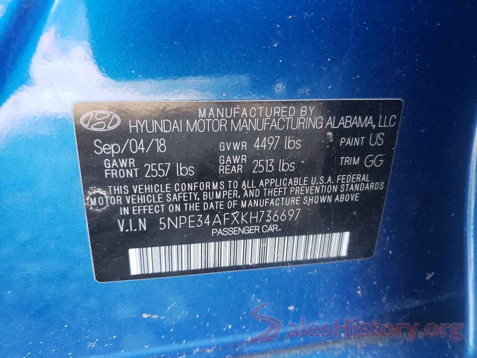 5NPE34AFXKH736697 2019 HYUNDAI SONATA