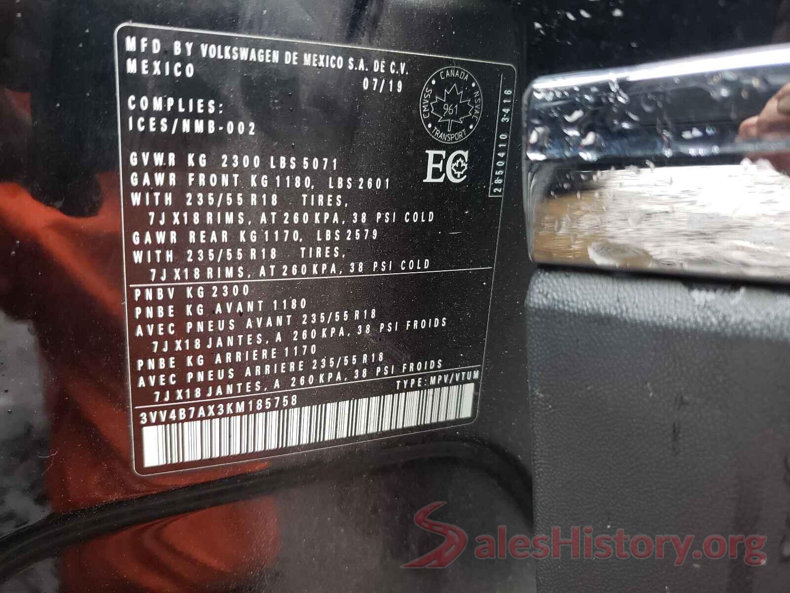 3VV4B7AX3KM185758 2019 VOLKSWAGEN TIGUAN