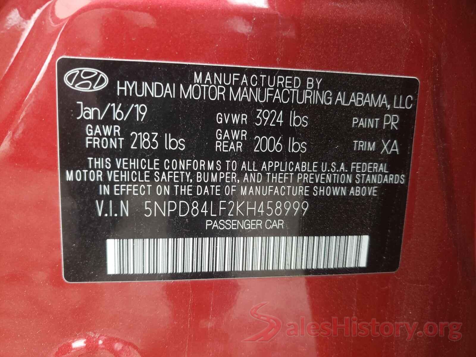 5NPD84LF2KH458999 2019 HYUNDAI ELANTRA