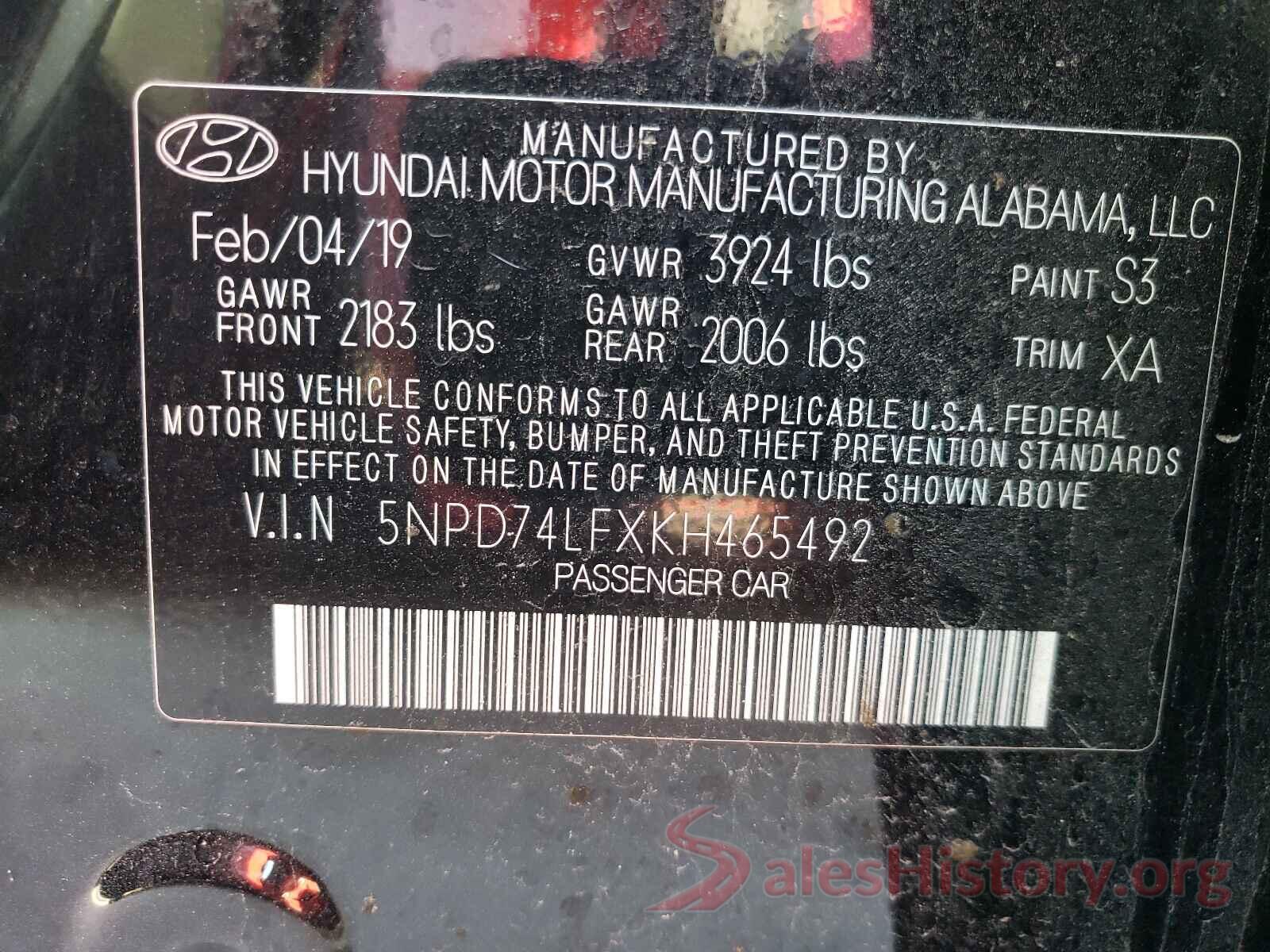 5NPD74LFXKH465492 2019 HYUNDAI ELANTRA