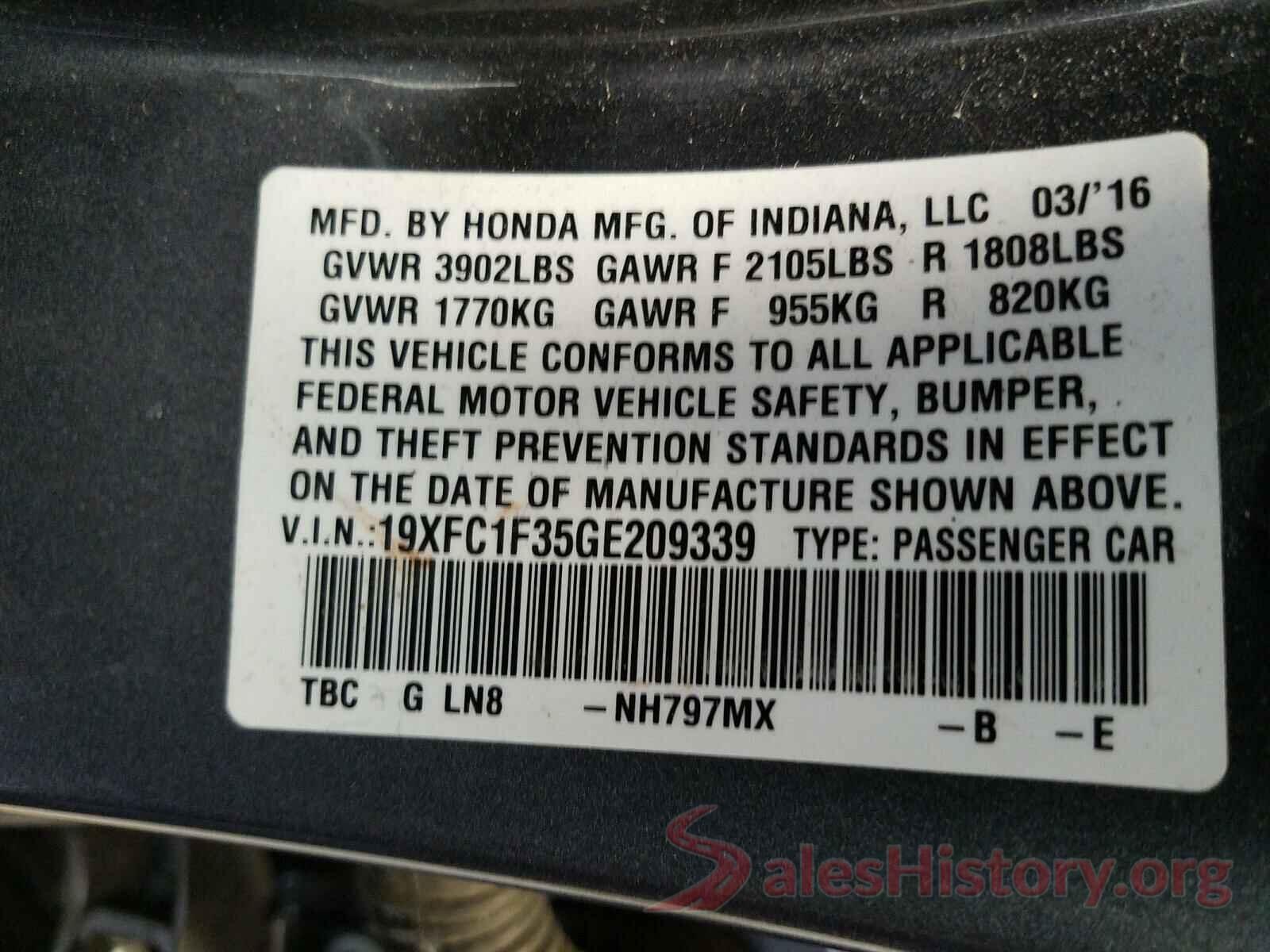 19XFC1F35GE209339 2016 HONDA CIVIC