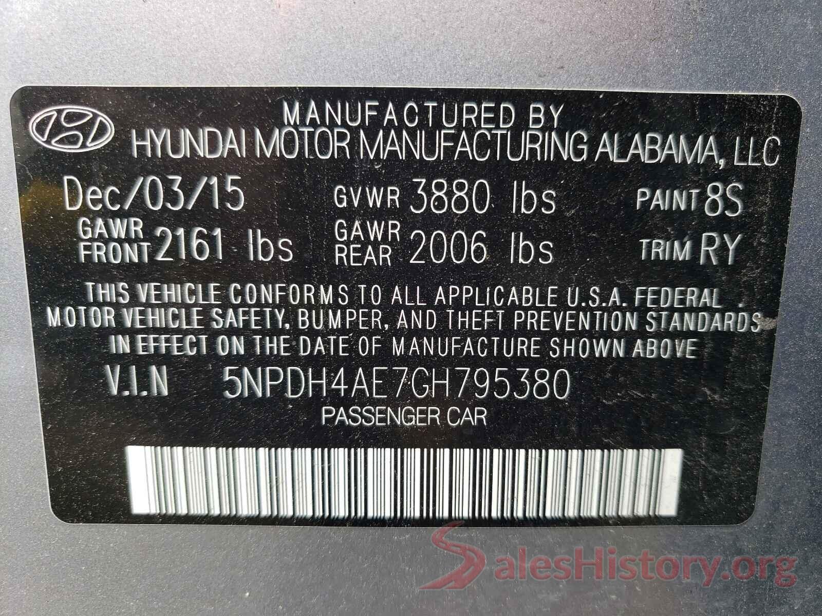 5NPDH4AE7GH795380 2016 HYUNDAI ELANTRA