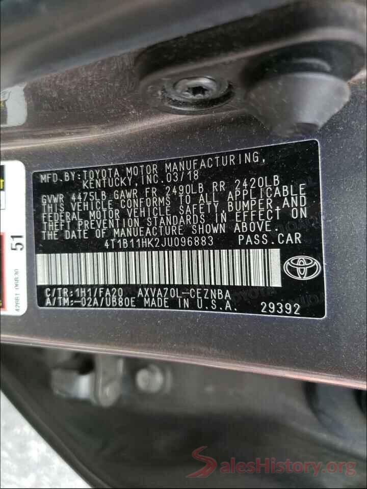 4T1B11HK2JU096883 2018 TOYOTA CAMRY