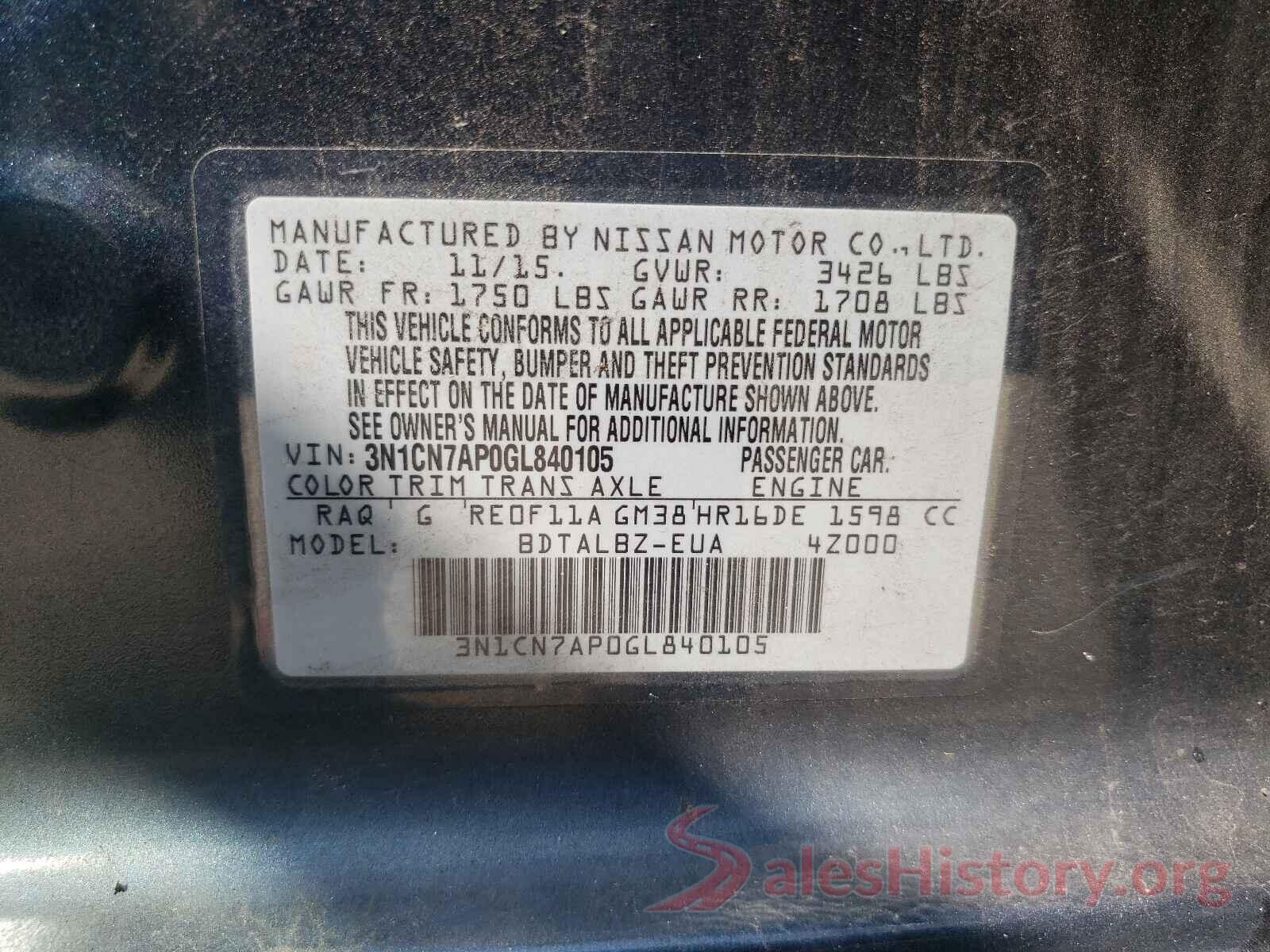 3N1CN7AP0GL840105 2016 NISSAN VERSA