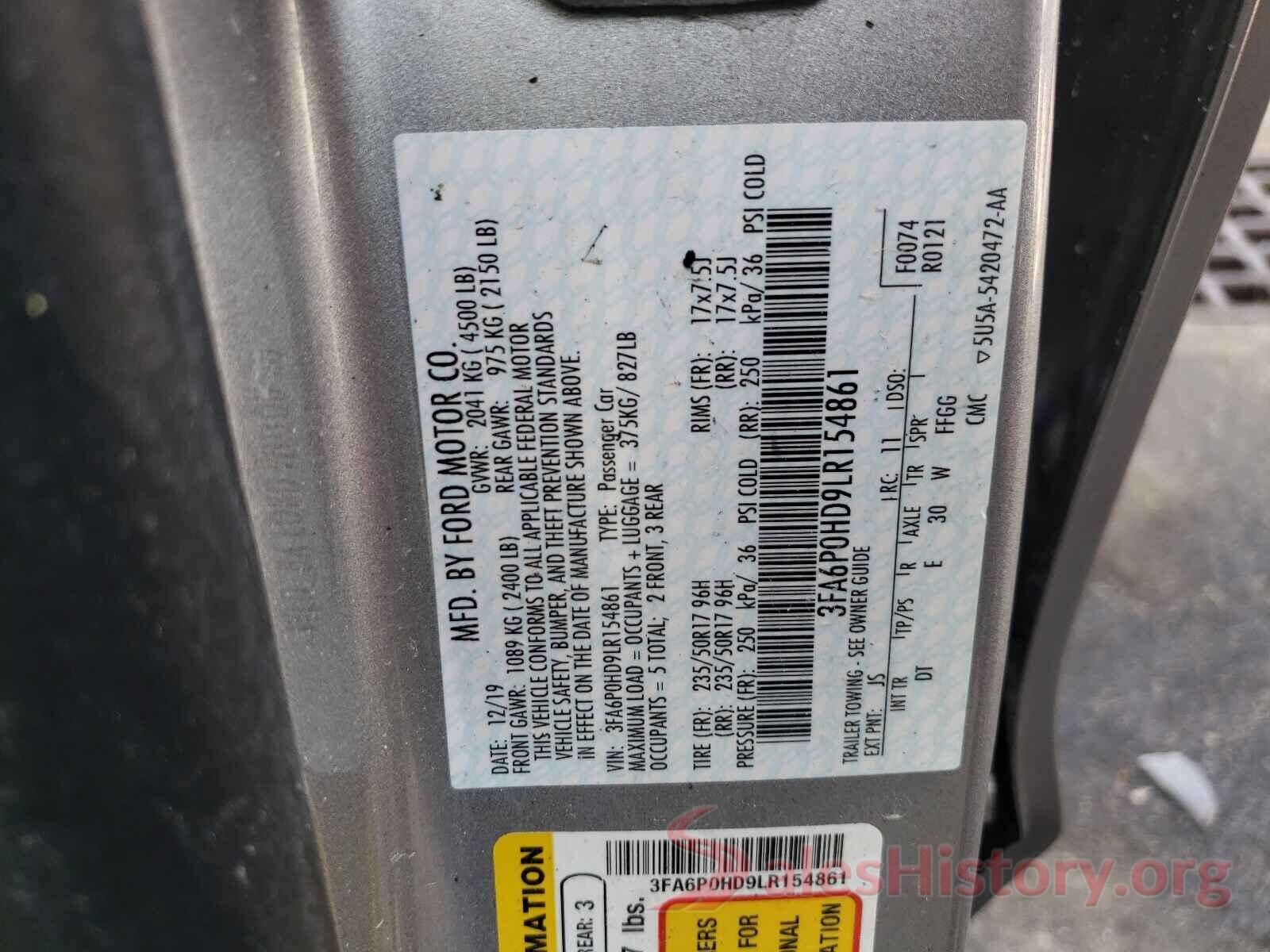 3FA6P0HD9LR154861 2020 FORD FUSION