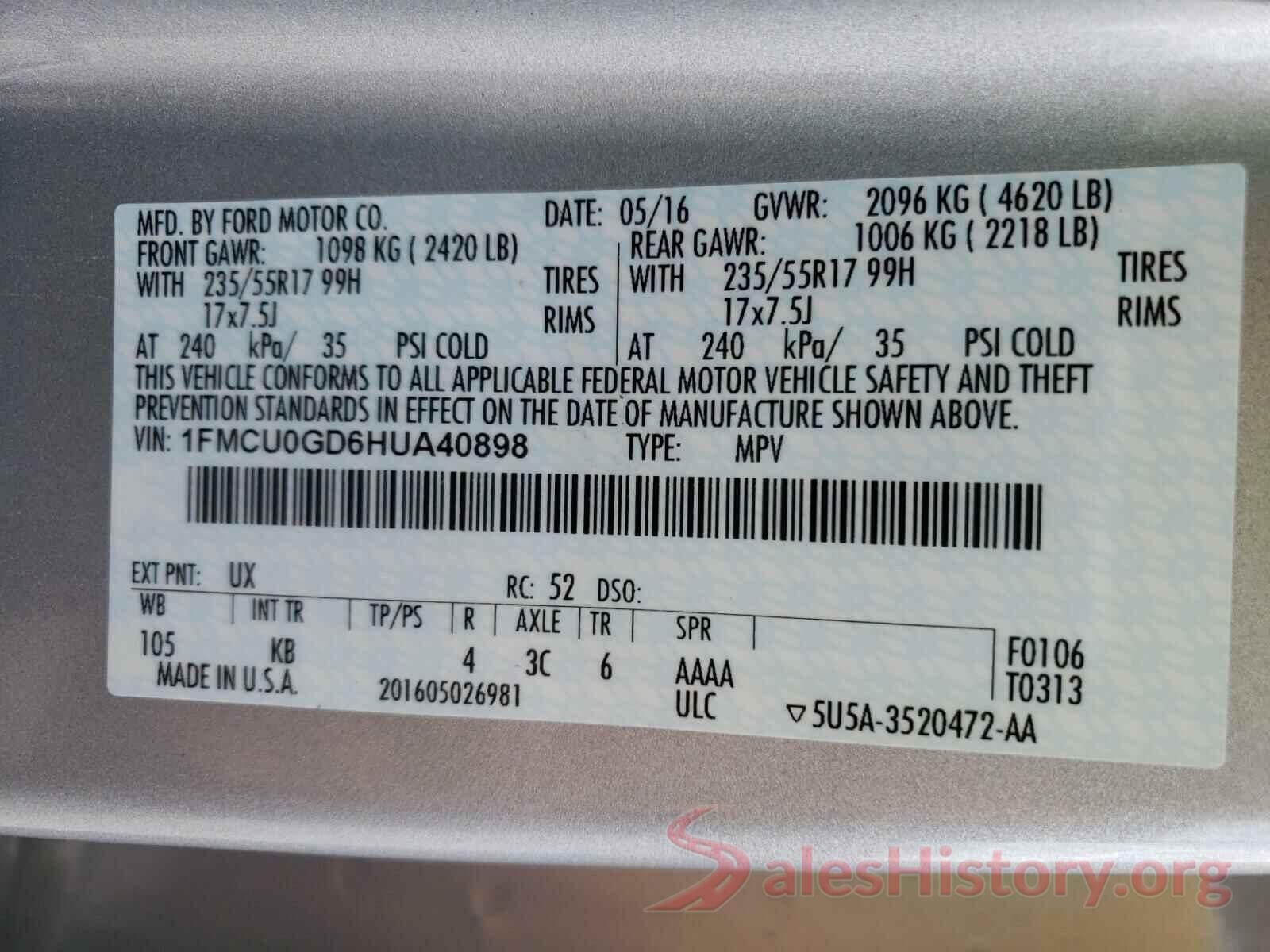 1FMCU0GD6HUA40898 2017 FORD ESCAPE