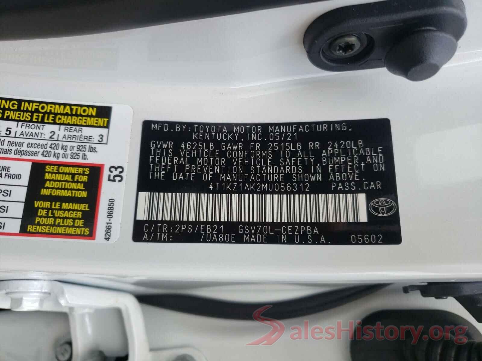 4T1KZ1AK2MU056312 2021 TOYOTA CAMRY