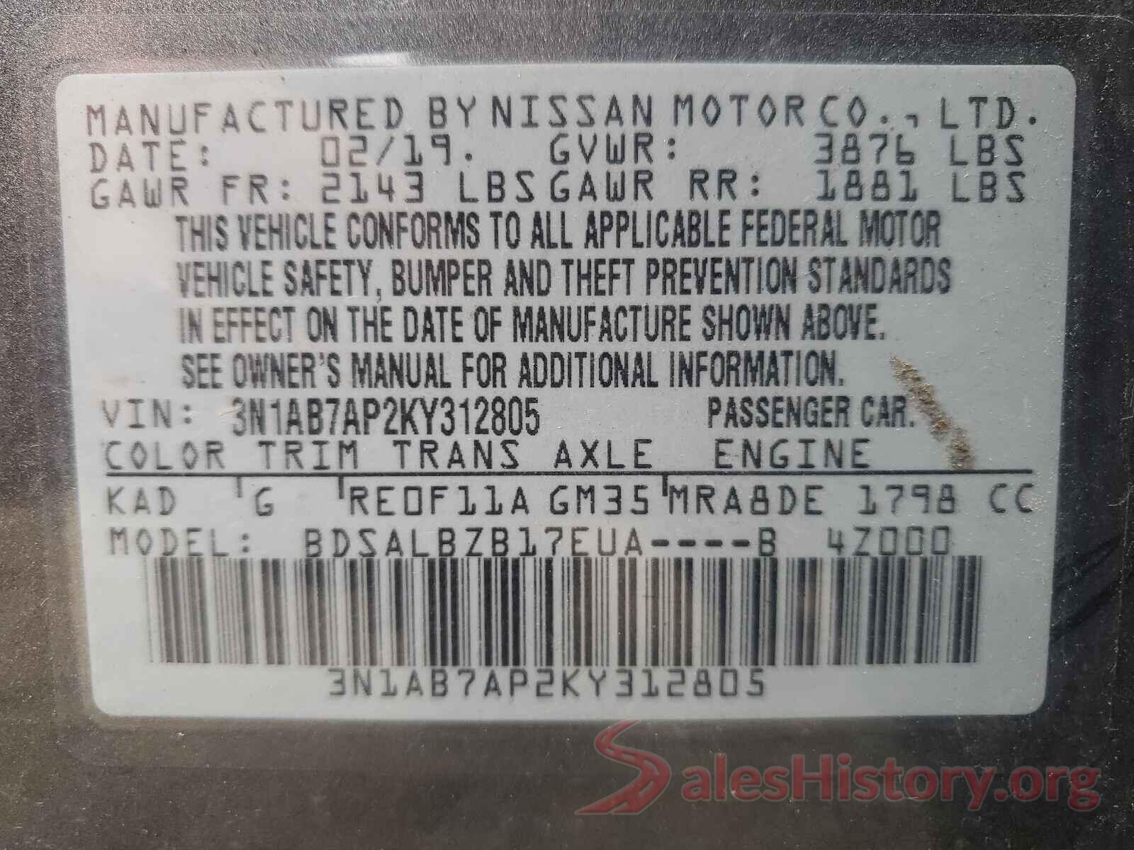 3N1AB7AP2KY312805 2019 NISSAN SENTRA