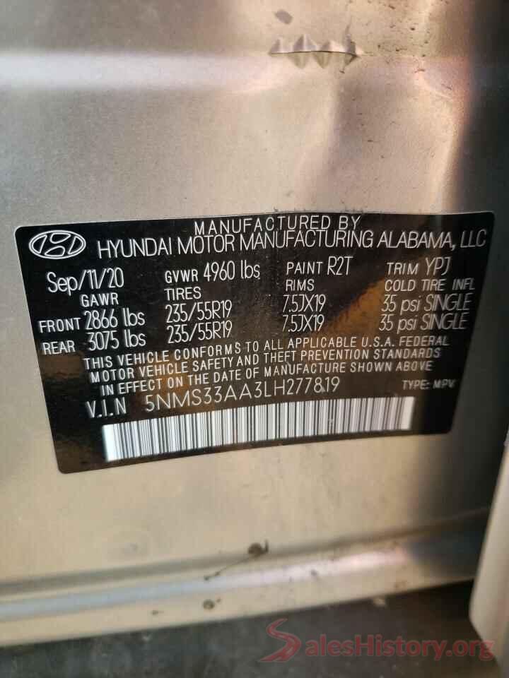 5NMS33AA3LH277819 2020 HYUNDAI SANTA FE