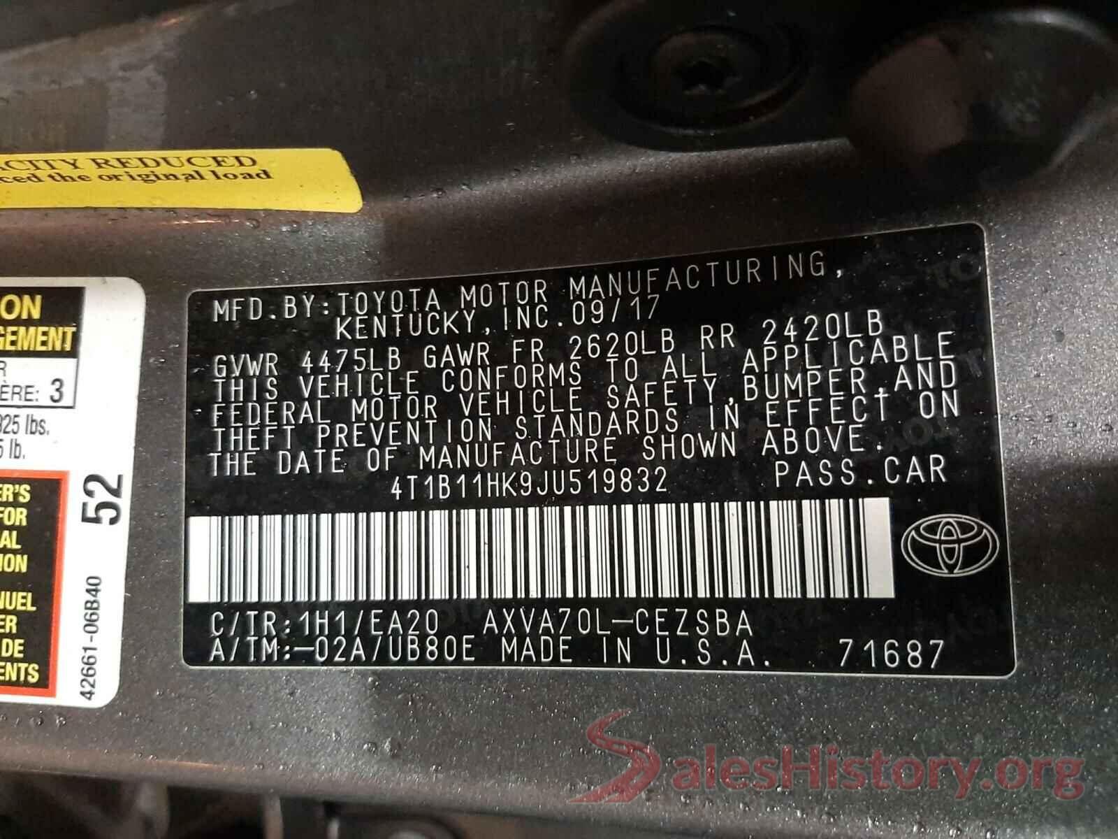 4T1B11HK9JU519832 2018 TOYOTA CAMRY