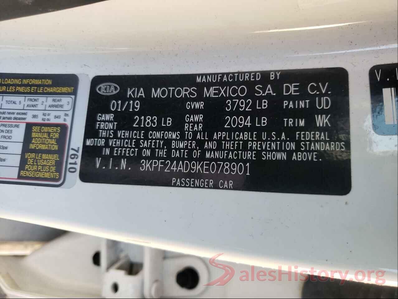 3KPF24AD9KE078901 2019 KIA FORTE